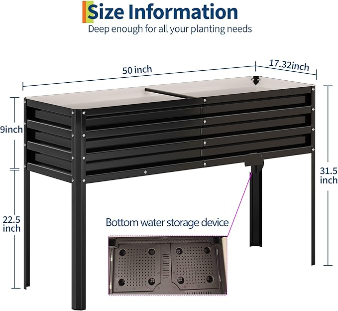 Galvanized Raised Garden Bed with Legs&Water Storage - 50×32×17 in Metal Planter Box, Outdoor Raised Garden Beds Gardening, Durable Planter Raised Beds, Sturdy Planters for Outdoor Plants (Black)