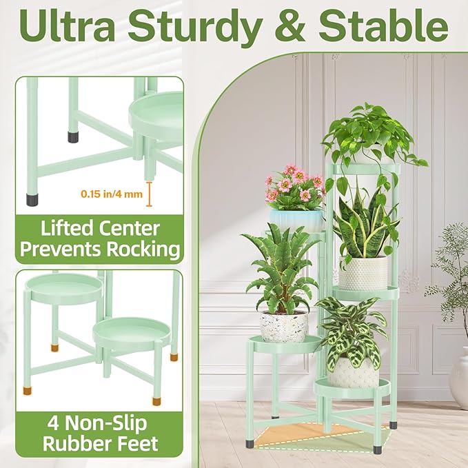 iDavosic.ly Plant Stand Indoor Outdoor, 5 Tier Corner Metal Flower Display Holder Shelf, Easy Assembly Folding Tall Orchid Rack for Patio Balcony Porch Garden Living Room House, Light Green