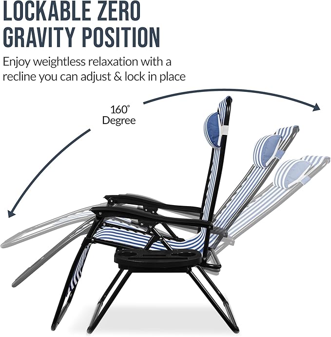 Best Choice Products Set of 2 Extra Wide Adjustable Steel Mesh Zero Gravity Lounge Chair Recliners w/Pillows and Cup Holder Trays - Mediterranean Blue Stripes