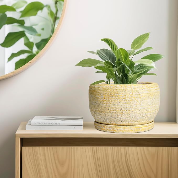 SQOWL Ceramic Planters for Indoor Plants - 10 Inch Plant Pot with Drainage Hole and Saucer, Round Ceramic Flower Pot Outdoor, Decorative Large Planter, Office Decor, Gifts for Women Men, Yellow