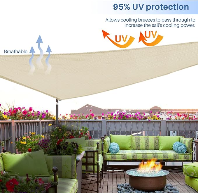 E&K Sunrise 22' x 22' x 22' Sun Shade Sail Triangle Canopy Shade Cover UV Block for Patio Backyard Garden Outdoor (Beige)