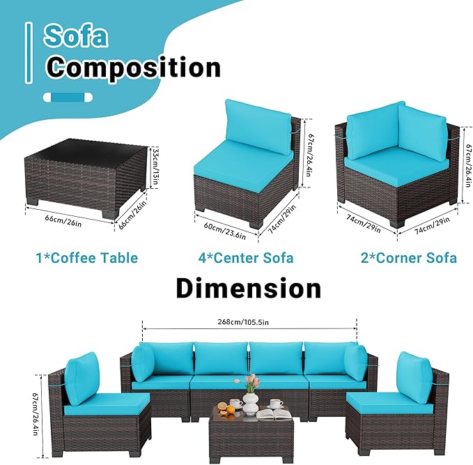 LEVELEVE 7 Pieces Outdoor Patio Furniture Sets,Rattan Conversation Sectional Set,Manual Weaving Wicker Patio Sofa with Tea Table
