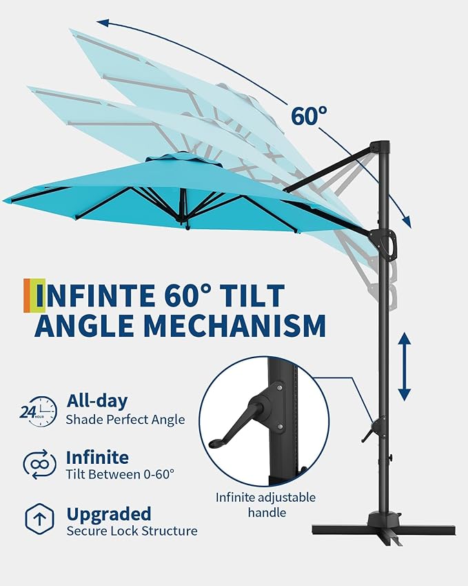 GarveeLife 10 ft Patio Umbrella Outdoor Large Cantilever Umbrella w/Base Included Market Sun Shade Windproof Offset Umbrella with 360-Degree Rotation for Garden Deck Pool Patio, Turquoise Blue