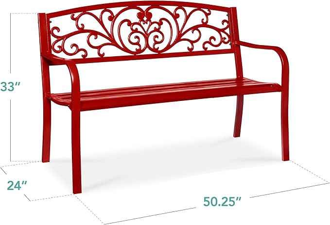 Best Choice Products Outdoor Bench Steel Garden Patio Porch Furniture for Lawn, Park, Deck w/Floral Design Backrest, Slatted Seat - Red