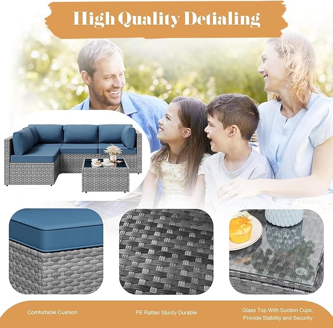 JAMFLY Patio Furniture Sets, 5-Piece Outdoor Patio Furniture with Thick Cushions, Wicker Outdoor Conversation Set Sectional Sofa for Backyard, Poolside, Garden, Aegean Blue