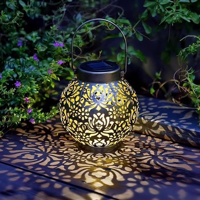 2 Pack Outdoor Solar Hanging Lantern Lights Metal LED Decorative Lamp for Garden Patio Courtyard Lawn and Table with Hollowed-Out Design (Antique Bronze)