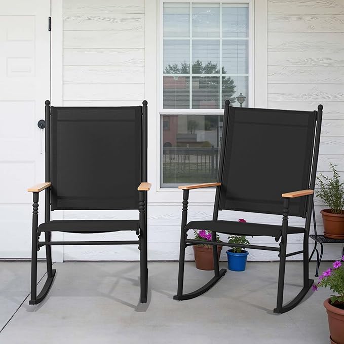 Shintenchi Outdoor Rocking Chairs Set of 2,Upgraded High Back Patio Rocking Chair Set,Breathable Textilene Fabric Outdoor Rocking Chair for Porch,Patio,Garden,Balcony,Black