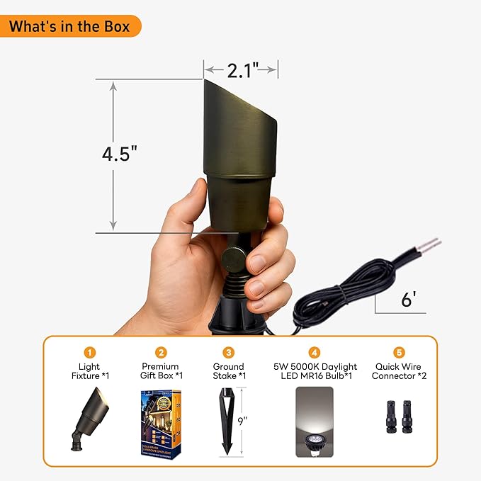 Gardenreet Solid Brass Spot Lights - Low Voltage Landscape Spotlight Outdoor, 12V LED Uplights Wired Waterproof, Electric Bronze for Patio Wall with 5000K Daylight MR16 Bulb (6 Pack)