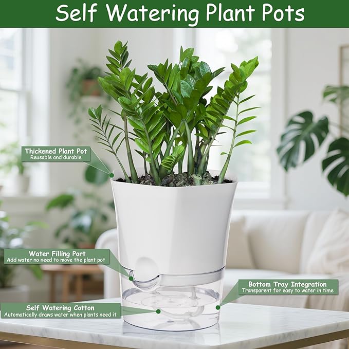 KIMCHOMERSE Self Watering Plant Pots, 6 Inch Orchid Pots, 3 Pack Flowers Pot Indoor Planter Pots with Tray for Spider Plant, Orchid, African Violet -White