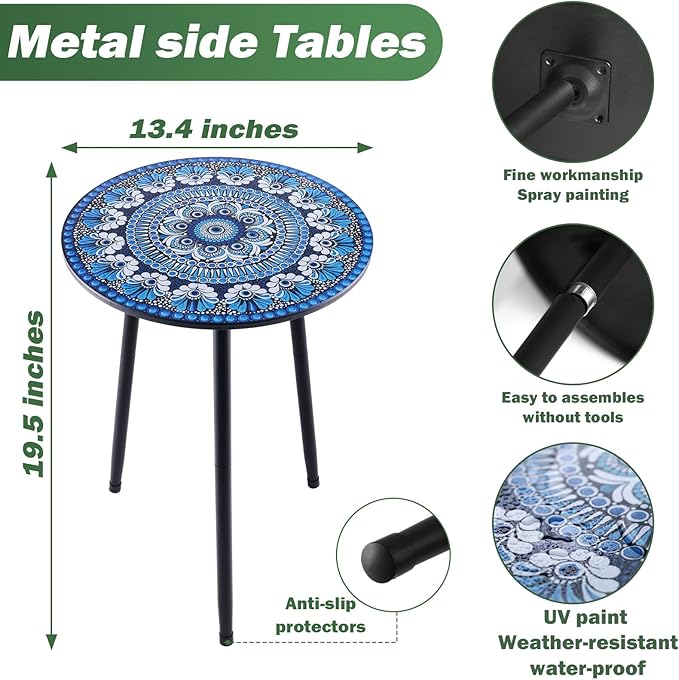 Metal Outdoor Side Tables Set of Two Small Outside Round End Table for Patio Modern Accent Garden Corner Table for Small Spaces, Balcony, Porch, Weather-Resistant, Plant Stand Indoor, Blue