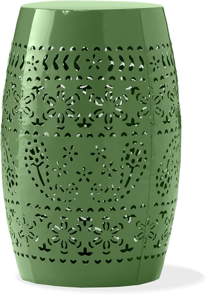 Christopher Knight Home Zoey Small Outdoor Side Table, Lace Cut Iron End Table, Metal Outdoor Stool, Hollow Drum Round Side Table, Decorative Garden Stool with Cutout Design for Patio Balcony, Green