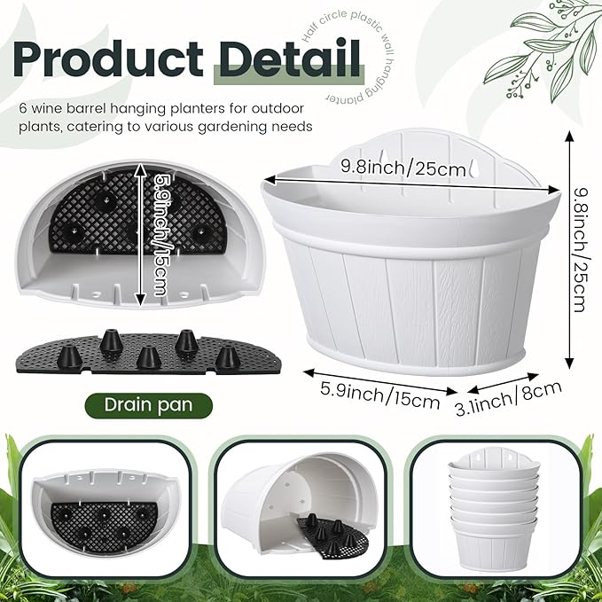 Layhit 6 Pcs Wall Hanging Planters Outdoor Pot Planter Wine Barrel Planter Distressed Oak Thickened Plastic Water Storage Flower Pots for Flower Indoor Outdoor(10 Inches,White)