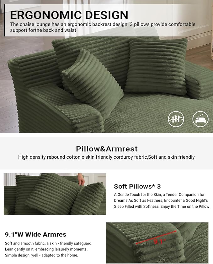 67 Inch Chaise Lounge Chair Indoor, Oversized Corduroy Upholstered Boneless Sofa Bed, Deep Seat Sleeper Couch Reading Chairs, Cloud Sofas Couches for Living Room, No Assembly Required (Olive Green)