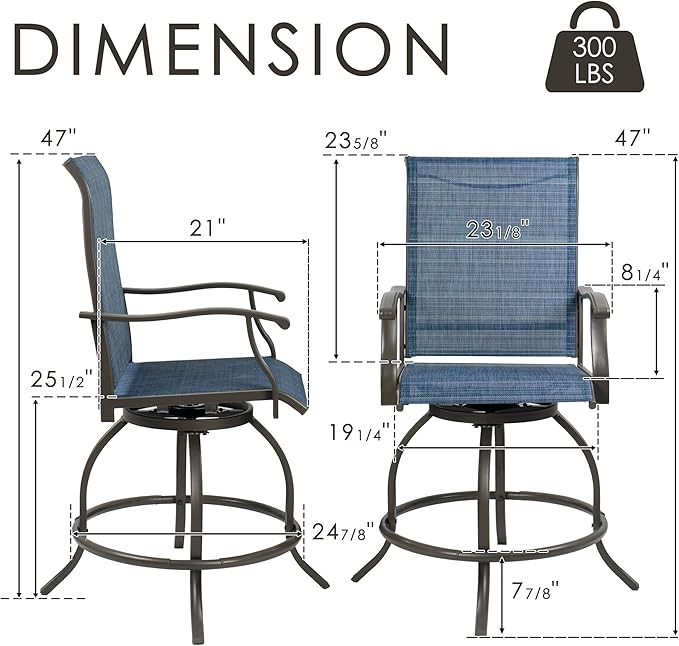 Kozyard Isabella Outdoor Swivel Bar Stools, Counter Height Patio Swivel Chairs with Textilene Seat, High Outdoor Bar Chairs for Backyard, Bistro, and Patio Bars NavyBlue