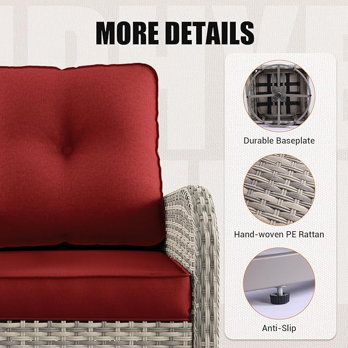 10-Piece Outdoor Patio Furniture Set with Rocking Swivel Chair, PE Wicker Rattan Sectional Sofa Patio Conversation Set with 55,000 BTU Fire Pit Table & Coffee Table, Red
