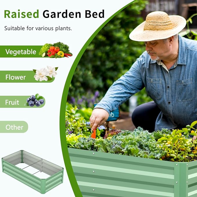 DoCred 3 in 1 Raised Garden Bed with 87in Tall Arch Trellis for Climbing Plants, Galvanized Planter Garden Box Outdoor for Gardening, Climbing Vegetables, Flower, Green