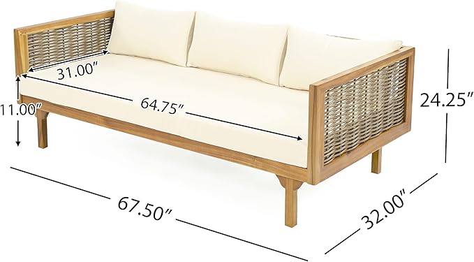 Merax Outdoor 4-Piece Acacia Wood Conversation Set - Patio 3-Seat Loveseat Sofa w/Coushion, 2 Armchair and Round Coffee Table for Backyard, Lawn, Balcony, Beige + Teak