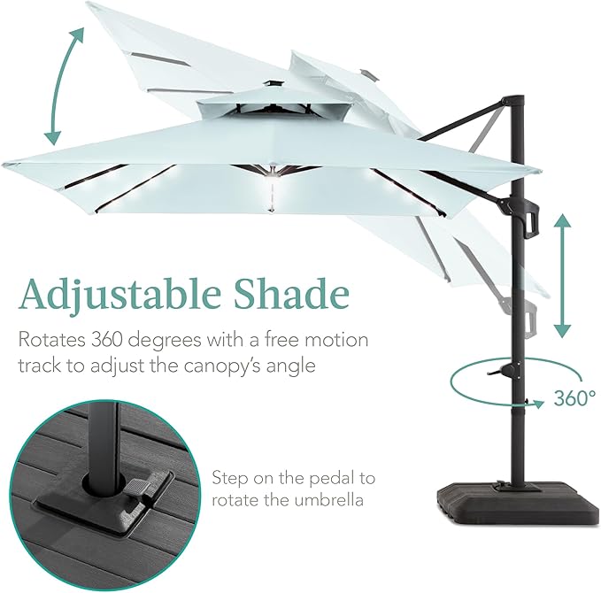 Best Choice Products 10x10ft Cantilever Patio Umbrella w/Base Included, Solar LED Lights 360 Rotation Large Offset Hanging Outdoor Shade for Deck Pool Backyard w/Stand – Baby Blue