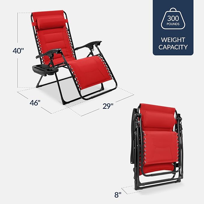Best Choice Products Oversized Padded Zero Gravity Chair, Folding Outdoor Patio Recliner, XL Anti Gravity Lounger for Backyard w/Headrest, Cup Holder, Side Tray, Polyester Mesh - Crimson Red