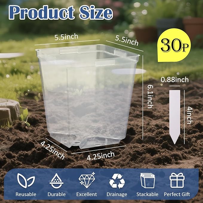 5.5 Inch Clear Square Nursery Pots with Drainage & Labels, 30Pcs Reusable Seed Starter Pots for Vegetables, Indoor Outdoor Gardening, Thick Transparent Plastic Plant Pots for Seed Starting