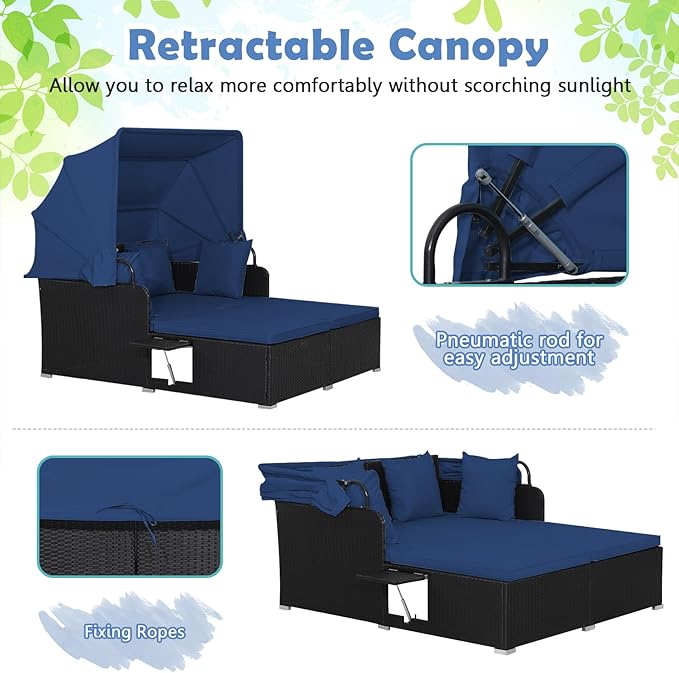 Tangkula Patio Rattan Daybed with Retractable Canopy, Outdoor Wicker Sunbed Lounger with 2 Foldable Side Tables, Thick Seat & Back Cushions, Outside Double Daybed for Garden, Backyard, Porch, Navy