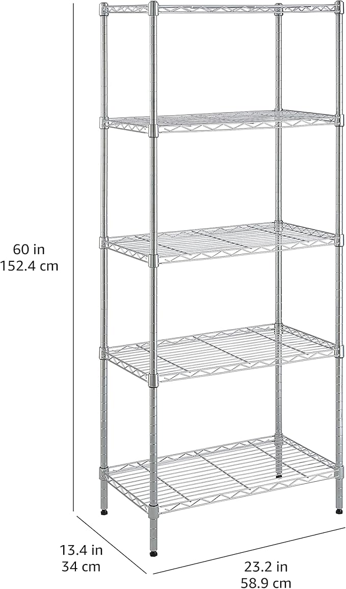 Amazon Basics 5-Shelf Adjustable Storage Shelving Unit for Garage, Steel Wire Rack, 200 Pound Loading Capacity per Shelf, 23.2" x 13.4" x 60", Chrome Finish