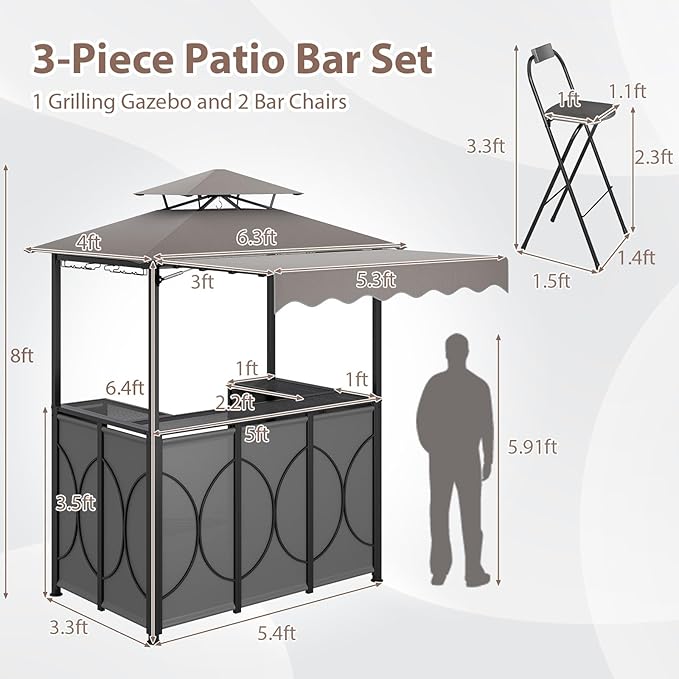 Tangkula 3 Piece Patio Bar Set, Grill Gazebo & 2 Foldable Bar Stools with Awning, Metal Storage Shelves, Glass Holders, Double-Tier Outdoor Shelter for Patio Poolside Garden Backyard (Gray)