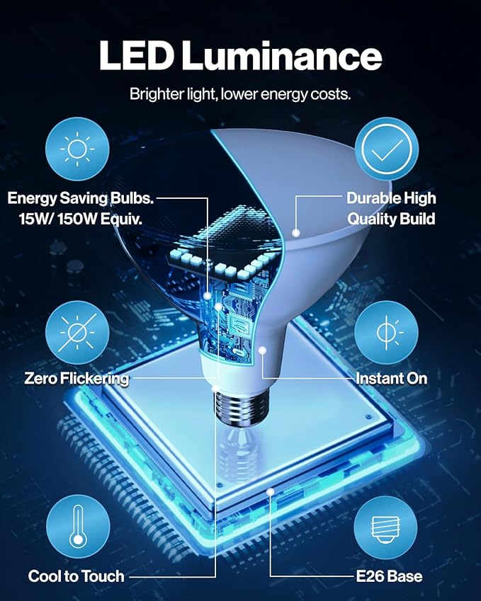 Sunco 6 Pack Outdoor Flood Light Bulbs, PAR38 LED Flood Lights Waterproof, 1800 LM, 15W (150W Equivalent), 3000K Warm White, Dimmable, E26 Base, Wet Rated UL.
