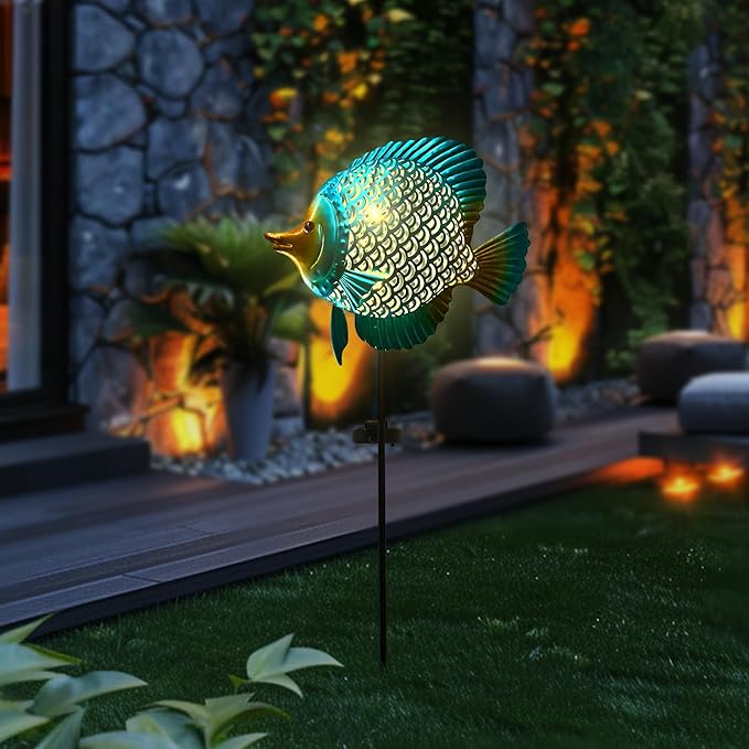 HONGLAND Outdoor Fish Solar Garden Lights with LED Light, Metal Fish Design Waterproof Solar Garden Decorative Stake for Lawn, Yard, Patio, Landscape Decoration