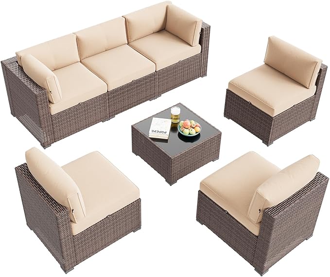 Aoxun Patio Furniture Set, 7 Piece Outdoor Sectional Sofas with Waterproof Cover, Wicker Rattan Outdoor Furniture Patio Conversation Set for Backyard, Garden (Brown Rattan Begin Cushions)
