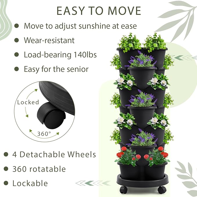 Umigy 2 Set Black 7 Tier Stackable Vertical Planters with Removable Wheels and Tools Tower Planters Strawberry Herb Flower Vegetable Pots Indoor Outdoor Gardening Pots