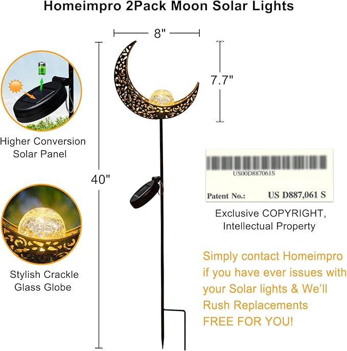 2Pack Moon Garden Gifts Solar Lights Outdoor Stakes Waterproof, Gifts for Mom, Crackle Glass Backyard Decor Balcony Lawn Ornaments, for Women Men Grandma (Bronze)