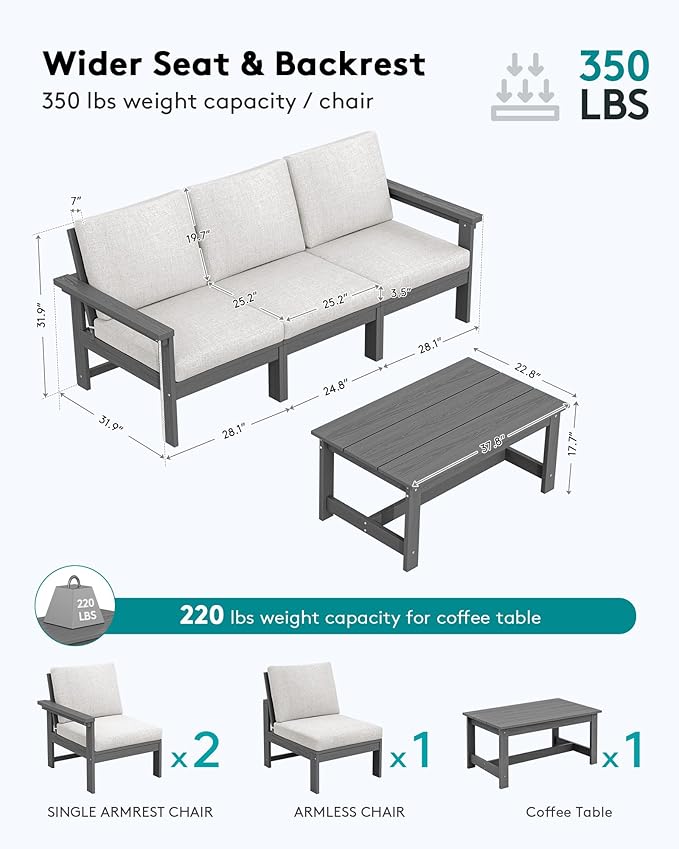SERWALL HDPE Patio Sofa Set, 4-piece Sectional Outdoor Furniture Set, All Weather Outdoor Couch Set Patio Furniture Set for Deck, Lawn, Grey Frame with Khaki Cushion