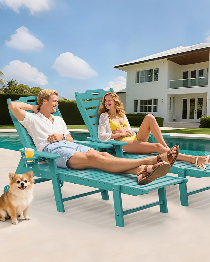 Carauci Lounge Chair Outdoor Set of 2, HDPE Chaise Lounge with Wheels, 5-Position Adjustable Backrest & 2 Cup Holders Patio Lounge Chair, All-Weather Pool Sun Lounger for Poolside, Backyard, Lake Blue