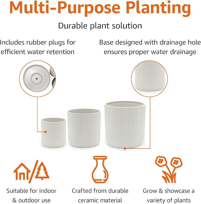 Amazon Basics Assorted Sizes Fluted Ceramic Round Indoor Outdoor Planters with Drainage Hole, Set of 3, Modern Design, 6 inch, 8 inch, 10 inch, White, Succulent Flower Pots