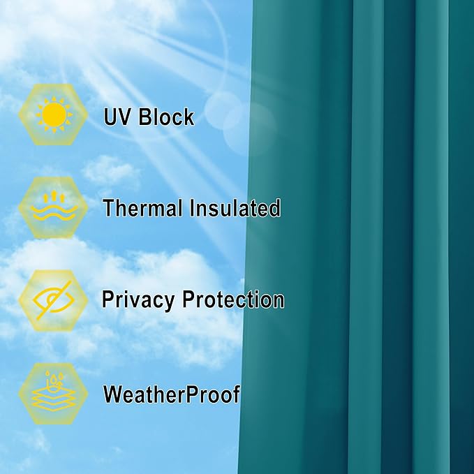 NICETOWN Outdoor Patio Curtains Waterproof 84 inches Long, Rustproof Grommet Gazebo Curtains Thermal Curtains Indoor Outdoor Window Drapes for Porch/Pergola, Peacock Teal, W52 x L84, 1 Panel