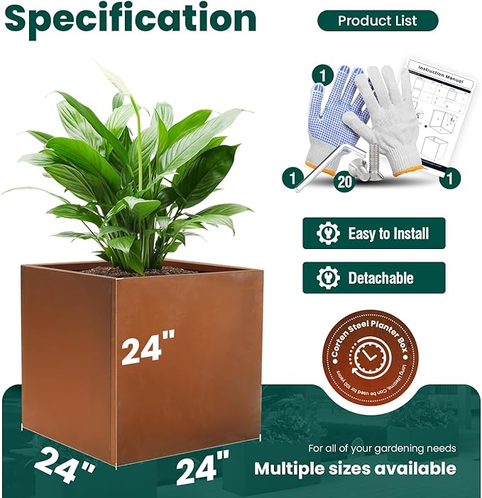 Corten Steel Planter Box Large Outdoor Planter 24 Inch Square Cube Planters Rustic Metal Garden Flower Pot for Commercial Residential Patio and Yard