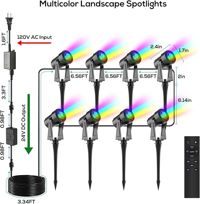 SUNTHIN Outdoor Landscape Lighting with Remote, RGBW Color Changing Spot Uplights, 8 Pack