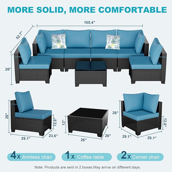 Outdoor Wicker Patio Furniture Set, Rattan Sectional Sofa Set with Thick Cushions (Coffee/Peacock Blue, 7 Piece Sofa Set)