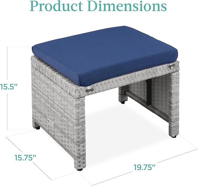 Best Choice Products Set of 2 Wicker Ottomans, Multipurpose Outdoor Furniture for Patio, Backyard, Additional Seating, Footrest, Side Table w/Removable Cushions, Steel Frame - Gray/Navy