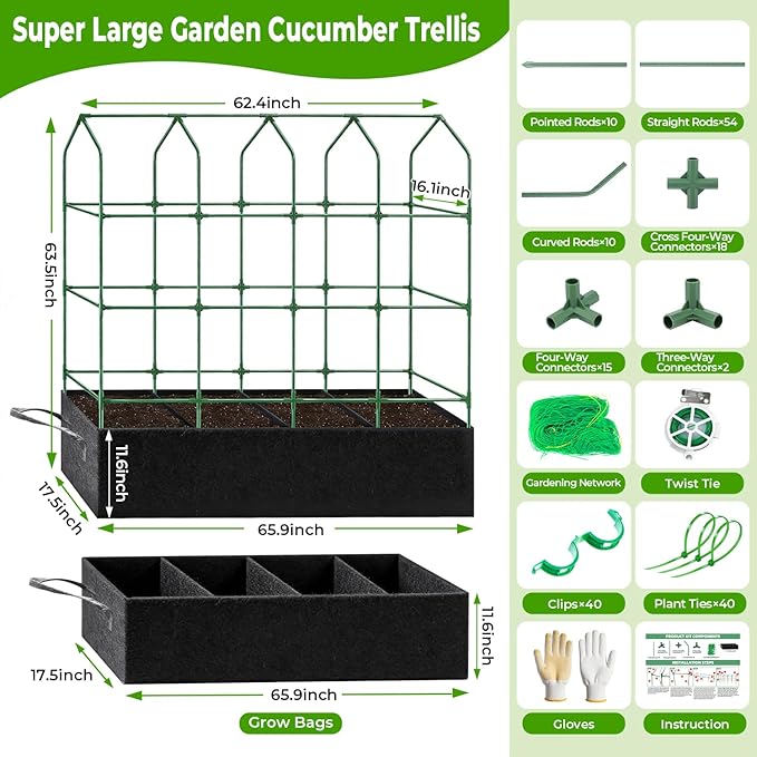 Large Cucumber Trellis for Climbing Plants Outdoor with Grow Bag,67" Tall Metal U-Frame Plant Trellis for Raised Bed with Garden Netting and Plant Clip Plant Ties for Vegetables Tomatoes Squash Pea