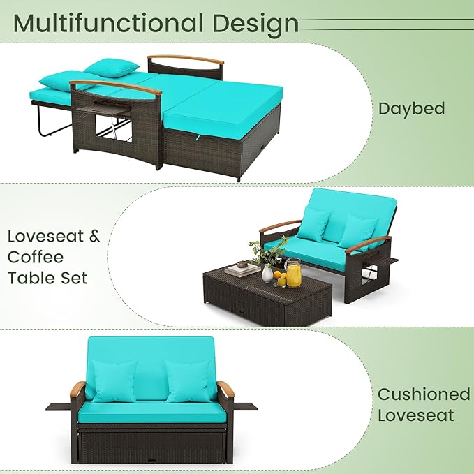 Tangkula Patio Rattan Daybed with 4-Level Adjustable Backrest, Outdoor Wicker Loveseat with Acacia Wood Armrest, Storage Ottoman & Folding Tray, Double Sunbed for Balcony, Yard & Poolside (Turquoise)