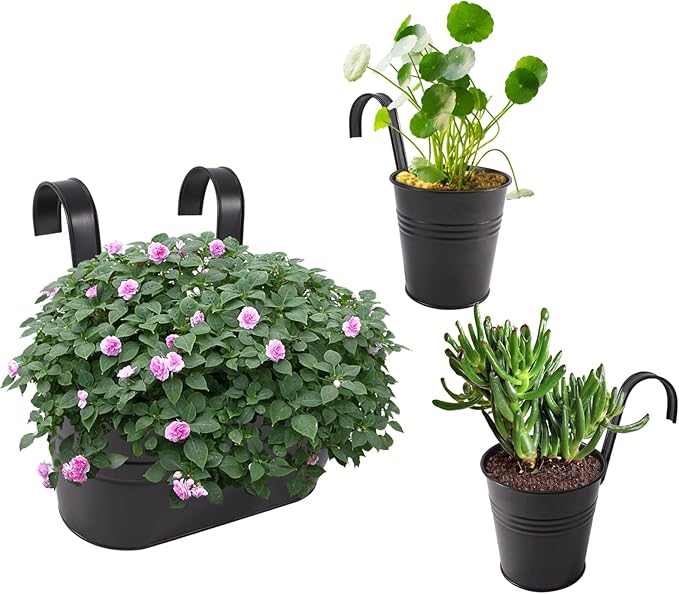 HowRU Metal Iron Flower Pots for Railing Fence Hanging Bucket Pots(5 Pcs) and Hanging Flower Pots Metal Iron Bucket Planter(10 Pcs) (Black)