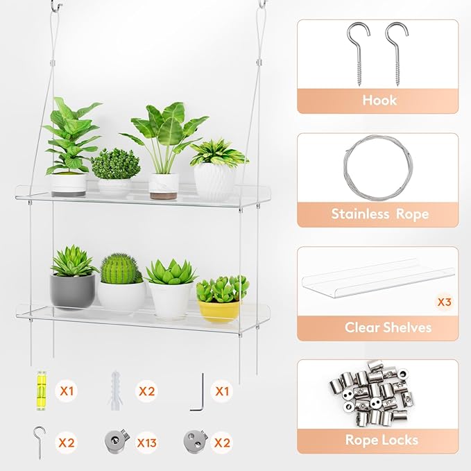 Lifewit 3-Tier Window Plant Shelves 15", Acrylic Adjustable Hanging Floating Shelf, Window Sill Extender for Succulent Plants, Micro Greens, Seed Starter Pots, Herb Planters 38 x 15 cm/15x6