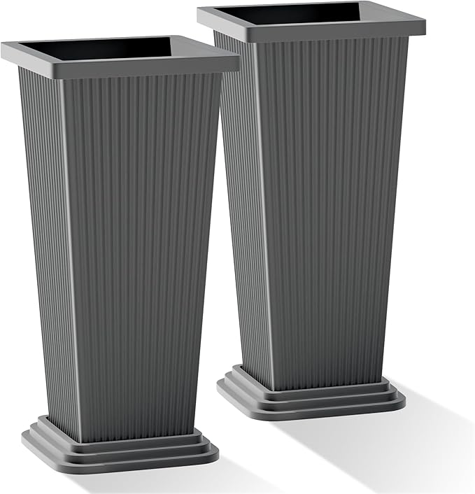 Set of 2 Tall Planters with Drainage Tray, 24 Inch Large Flower Pots for Indoor Outdoor Plants Mordern Planter Weather-Resistant for Patio, Front Door Decor, Garden (Gray Ribbed)