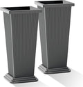 Set of 2 Tall Planters with Drainage Tray, 24 Inch Large Flower Pots for Indoor Outdoor Plants Mordern Planter Weather-Resistant for Patio, Front Door Decor, Garden (Gray Ribbed)