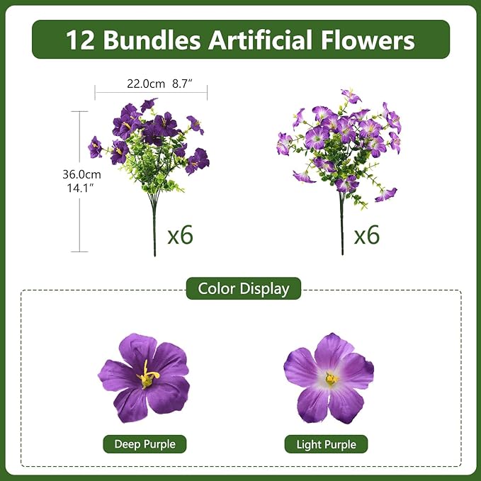 INQCMY Artificial Flowers for Outdoors Fake Plants Spring Decoration, 12 Bundles Faux Petunias UV Resistant Realistic Silk Flower for Outside Planters Patio Porch Yard Window Box (Double Purple)