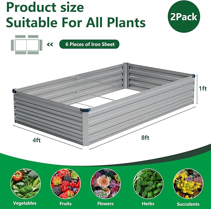 Vengarus 8x4x1FT (2 Pack) Galvanized Raised Garden Bed Kit, Outdoor Metal Planter Box for Vegetables, Rectangular Steel Container, Easy Assembly (Silver)