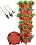 GameXcel Vertical Planter 7 Tier Stackable Planters Garden Planters Strawberry Herb Flower and Vegetable Planter Indoor Outdoor Gardening Pots with Removable Wheels and Tools - Red