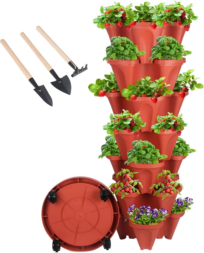 GameXcel Vertical Planter 7 Tier Stackable Planters Garden Planters Strawberry Herb Flower and Vegetable Planter Indoor Outdoor Gardening Pots with Removable Wheels and Tools - Red